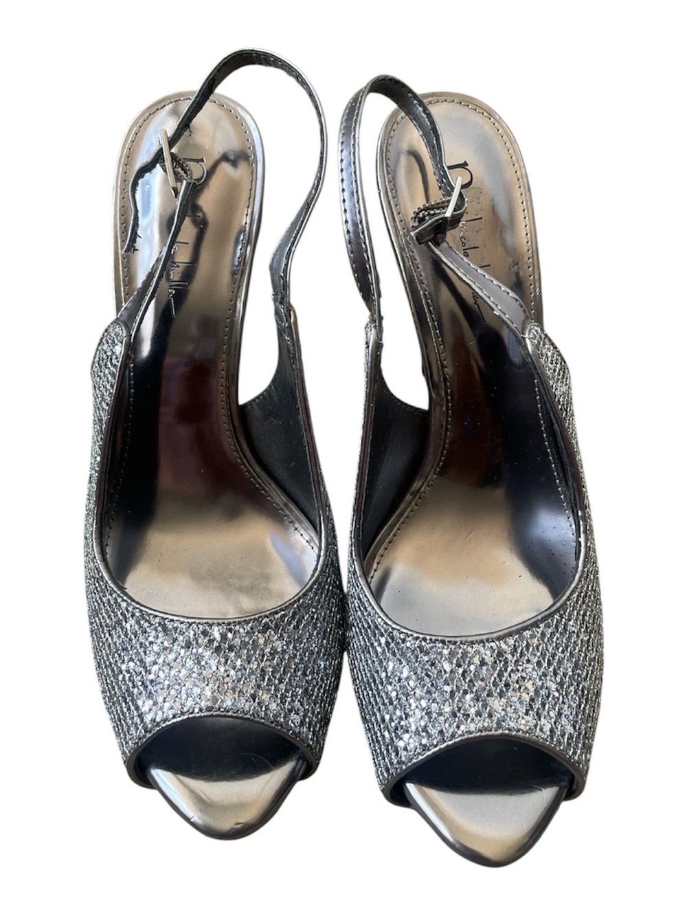 Nicole Miller women’s  Silver Sparkle Slingback Peep-Toe Heels